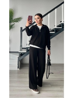 Oslove Siyah Modal Kumaş Yarım Fermuarlı Takım