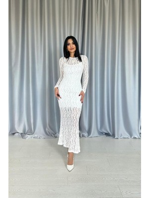 Nnstartshopping  Beyaz Dantelli Uzun Kollu Elbise