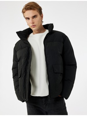 Koton Uzun Kollu Kapaklı Cep Detaylı Fermuarlı Slim Fit Dik Yaka Kışlık Şişme Mont