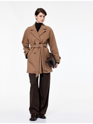 Koton Uzun Kollu Cepli Düğmeli Kemerli Kruvaze Kaşe Kaban