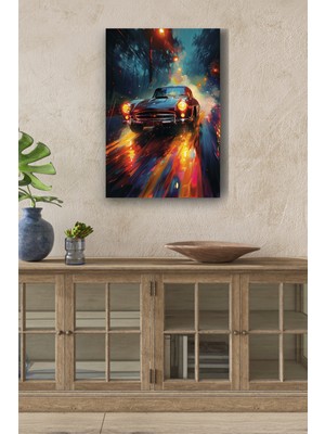 Gece Işıkları Detaylı Retro Araba Yağlı Boya Görünümlü Hd Dijital Baskı Dikey Kanvas Tablo 51211