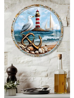 KutuTR 3D Görünümlü Temperli Cam Tablo – Yelkenli ve Martı Temalı Duvar Süsü Uv Baskı 33X33 CM-CDS056