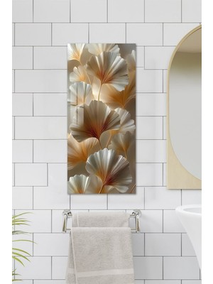 KutuTR Bej ve Altın Tonlarında Ginkgo Yaprak Desenli Temperli Cam Dik Tablo 30X60 cm Uv Baskı - DCT025