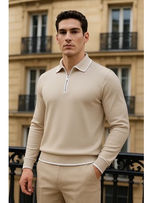 Comstar Erkek Trend Fermuarlı Bej Uzun Kollu Polo Yaka Tişört