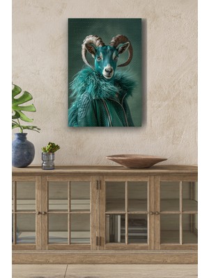 GülsenArt Kıyafet Giymiş Mavi Koç Portre Yağlı Boya Görünümlü Hd Dijital Baskı Dikey Kanvas Tablo 51
