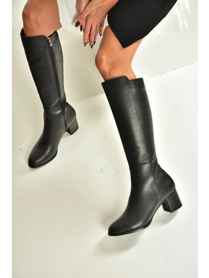 Fox Shoes V468213103 Siyah Hakiki Deri Kalın Topuklu Kadın Çizme