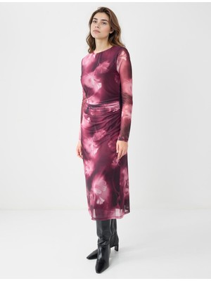 Jimmy Key Gül Kurusu Yuvarlak Yaka Çiçek Desenli Mesh Örme Midi Elbise