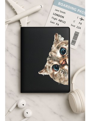 Nurdic Tüm Ülke Pasaportları Için Siyah Vinleks Deri Pasaport Kılıfı Kabı Miyav