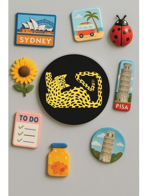 Nurdic Modern ve Dekoratif Yuvarlak Buzdolabı Magneti Magnet Büyük Boy 10X10 cm - Cat Draw