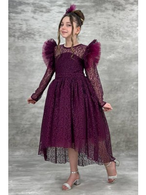 Tarz Çocuk Kız Çocuk Mor Tül ve Dantel Detaylı Abiye Elbise Özel Gün - Doğum Günü - Düğün - 6-9 Yaş
