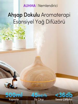 Auhma 500ML Ahşap Görünümlü Aromaterapi Hava Nemlendirici - 7 Renkli Led, Sessiz Çalışma, Bpa Içerme