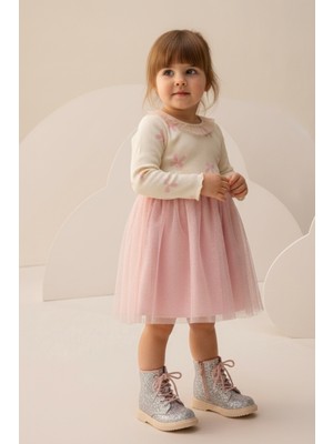 Minipodyum Fiyonk Baskılı Yaka Detaylı Tüllü Kız Çocuk Elbise