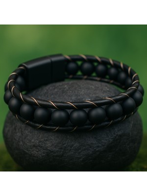 Çift Kat Örgü Tasarım, Manyetik Klipsli Erkek Mat Oniks Taşlı Deri Bileklik