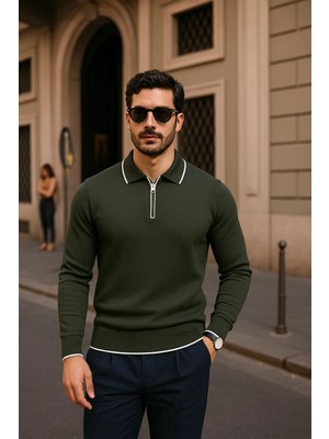 Comstar Erkek Fermuarlı Haki Uzun Kollu Polo Yaka Triko Kazak