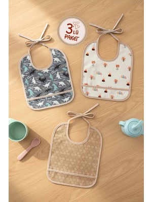 Hamur Proof 3'lü Sıvı Su Geçirmez Bebek Mama Önlüğü Ağız Silme Mendili Bağlamalı 3 Prç BejGrup 6-24 Ay