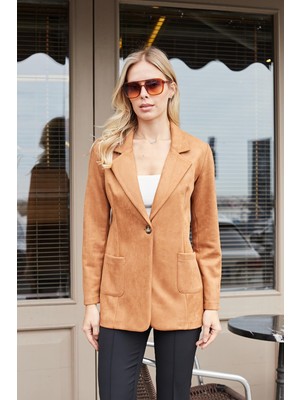 Jument Süet Kumaş Cep Detaylı Düğmeli Şık Blazer Ceket-Camel