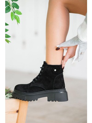 Akbir Farber Kadın Hakiki Süet Deri Taşlı Bot Ksiyah