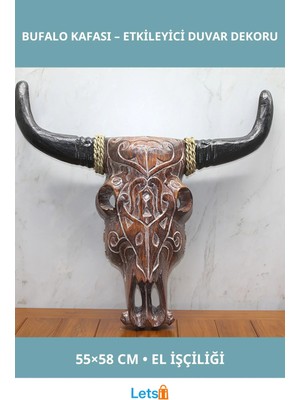 Letsii Doğal Ahşap El Işçiliği Duvara Asmalı Bufalo Kafası 55X58 cm