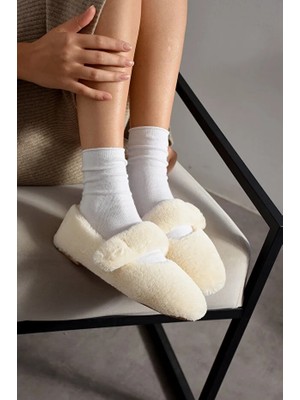 Solario Luna Tavşan Tüyü Lastikli Kaydırmaz Taban Kadın Babet Panduf Ev Terliği