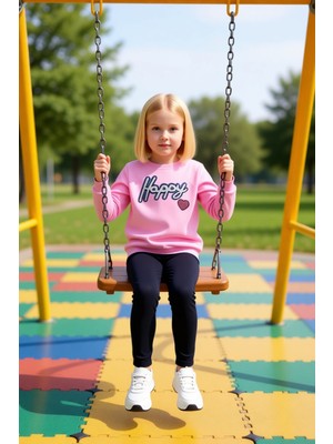 FRM Kız Çocuk Sloganlı Kalp Desenli Örme Üst ve Tayt Seti Kışlık Konfor Kaliteli Şık Rahat