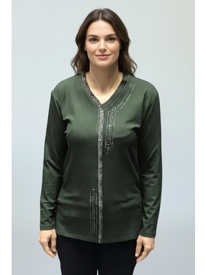 Ece Giyim Kadın Önü Kapalı Düğme Detaylı Taşlı Nergis Mevsimlik Bluz