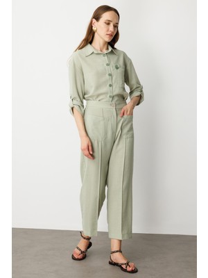 Accort Önden Cep Detaylı Keten Görünüm Pantolon-Su Yeşili