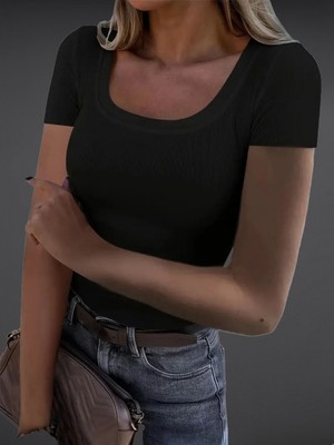 Nnstartshopping  Kadın Kısa Kollu Kare Yaka Basic Kaşkorse Bluz