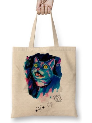 Toyaso Space Cat Kedi Gezegenler Beyaz Bez Çanta Uzun Saplı Alışveriş Çantası Plaj Çantası