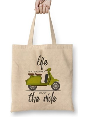 Toyaso Vespa Journey Beyaz Bez Çanta Uzun Saplı Alışveriş Çantası Plaj Çantası