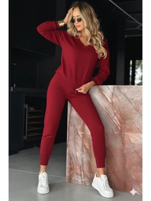 Ahes Shopping Kadın Uzun Kollu V Yakalı Viskon Iki Iplik Bluz ve Pantolon Ikili Takım
