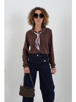 Zelish My Sister Kahve Polo Yaka Fularlı Uzun Kol Kazak