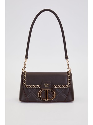 Levidor Kapitone Nakış ve Zincir Örgü Detaylı Çift Askılı Orta Boy Kadın Omuz Çantası LV930583 Koyu Kahve