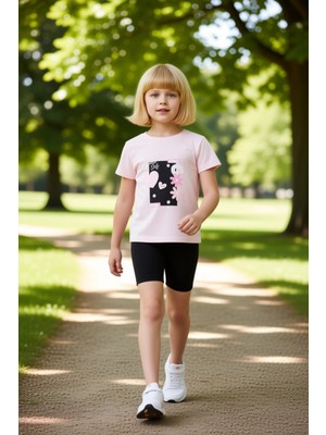 PayBuy Kız Çocuk Pamuklu Bisiklet Yaka Kısa Kollu Üst ve Tayt Seti Kaliteli Şık Rahat