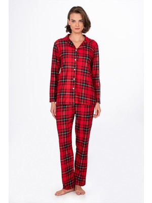 Kadın Süet Önden Düğmeli Pijama Takımı | Ekose Kırmızı