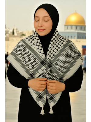 İhvan Online Pamuklu Kare Desenli Filistin Kefiyesi Puşi - Siyah Beyaz