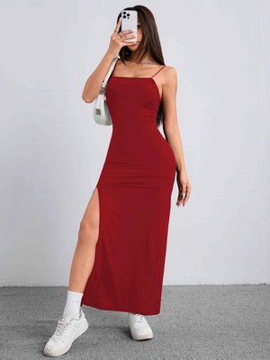 Nnstartshopping  Kadın Ip Askılı Yandan Yırtmaçlı Janjan Krep Elbise