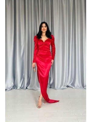 Hariqa Kırmızı Göğsü Kuplu Yırtmaçlı Elbise