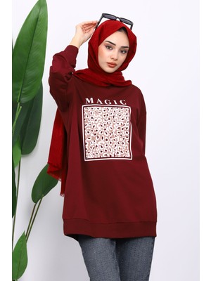 İmaj Butik Mürdüm Bisiklet Yaka Baskılı Sweat