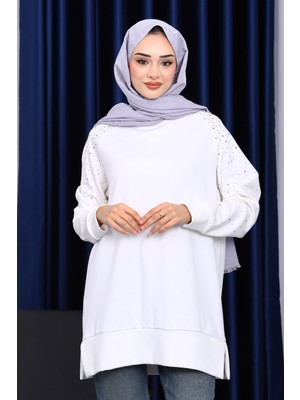 İmaj Butik Ekru Taş Detaylı Modal Tunik