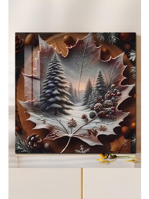 KutuTR 3D Görünümlü Temperli Cam Tablo – Kış Ormanı ve Yaprak Sanatı Teması Uv Baskı 33X33 CM-CTK063