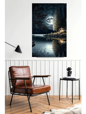 Gece Dolunayın Muhteşem Denize Yansıması Manzara Hd Hd Dijital Baskı Dikey Kanvas Tablo 124