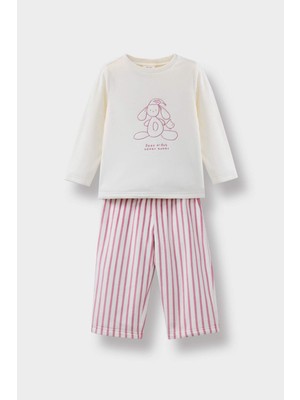DeFacto Pijama Takımı Tavşan Baskılı Uzun Kollu Velur Üst Çizgili Uzun Alt Kız Bebek F5562A525WN