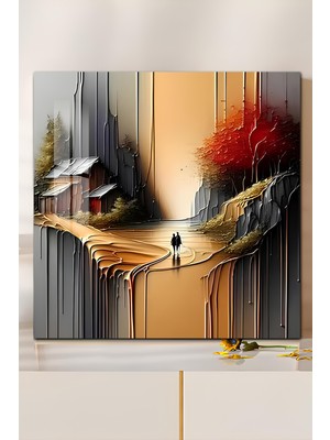 KutuTR 3D Görünümlü Temperli Cam Tablo – Sonbaharda Aşıklar ve Kır Evi Uv Baskı 33X33 CM-CTK041