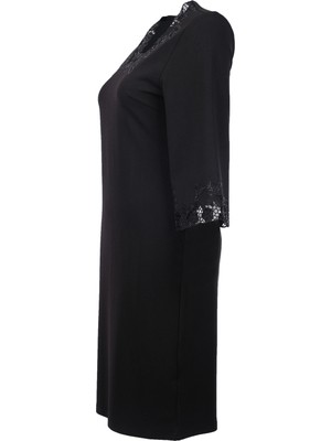 Ekol Dantelli 3/4 Kol Midi Elbise - Minimalist & Şık