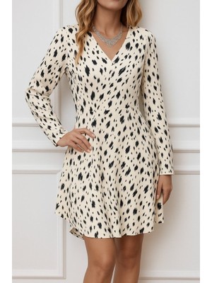 Nnstartshopping  Kadın Uzun Kollu V Yakalı Desenli Kısa Keten Elbise