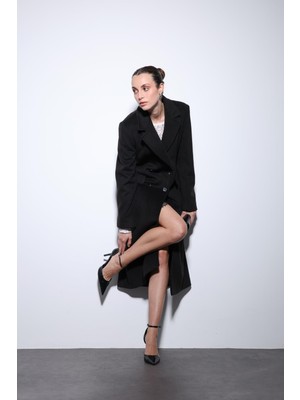 Antioch Siyah Yün Karışımlı Kruvaze Kadın Kaban