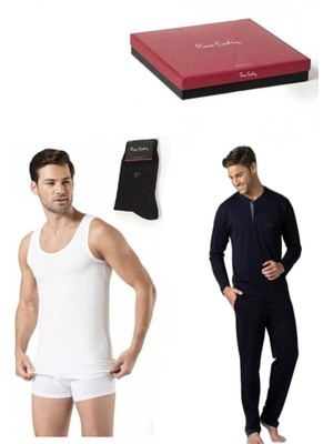 Pierre Cardin Lacivert-Gri Biyeli Damat Çeyizlik Pijama Çorap Atlet Boxer Takımı 2000 Konforlu Tasarım