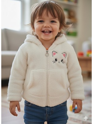 Şimo Butikkız Çocuk Peluş Polar Hırka Kapşonlu Fermuarlı Cepli Pembe Beyaz Siyah Mor Gül Kurusu !!!dar Kalıp