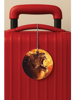 Nurdic Desenli Baskılı Pleksi Zincir Aparatlı Bavul Etiketi Valiz Etiketi Kükreyen Aslan