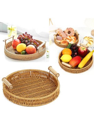 iselahome Ravena Rattan Çok Amaçlı Dekoratif Tepsi Meyve ve Ekmek Sepeti 24 cm